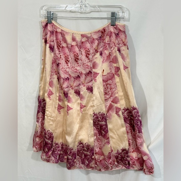 Ann Taylor 100% Silk A-Line Floral Skirt Pink Peony Print Beige Size 6 - Picture 2 of 4